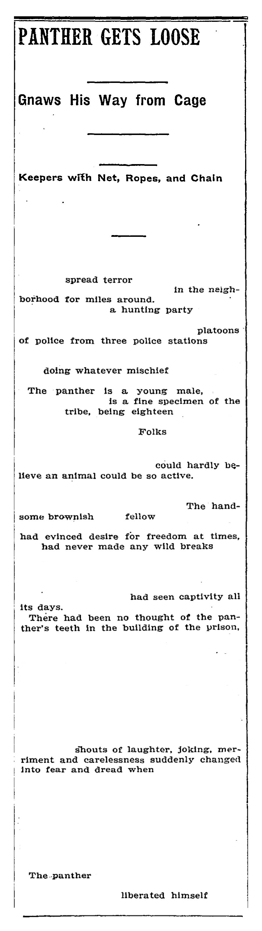 Picture of an erasure poem, text reads: Panther Gets Loose, gnaws his way from cage. Keepers with net, ropes, and chain spread terror in the neighborhood for miles around—a hunting party; platoons of police from three police stations doing whatever mischief. The panther is a young male, is a fine specimen of the tribe (being eighteen). Folks could hardly believe an animal could be so active. The handsome, brownish fellow had evinced desire for freedom at times—had never made any wild breaks, had seen captivity all its days. There had been no thought of the panther’s teeth in the building of the prison. Shouts of laughter, joking, merriment and carelessness suddenly changed into fear and dread when the panther liberated himself.